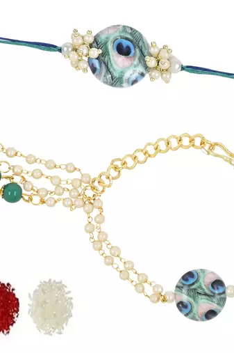 rakshabhandhan special peacock feather beads bhaiya bhabhi pearl hanging lumba rakhi combo set with