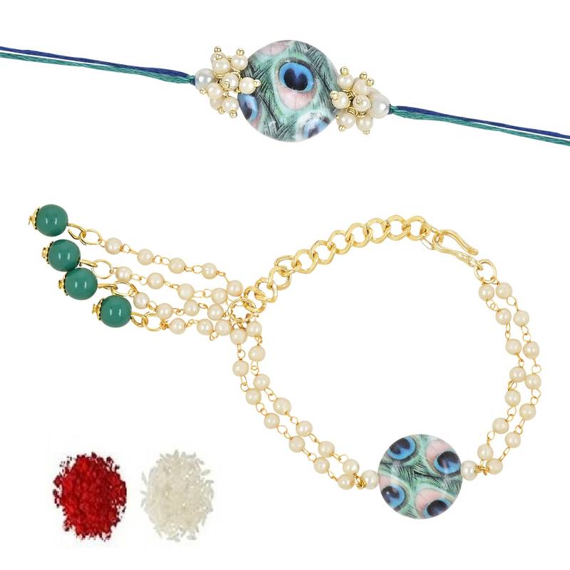 rakshabhandhan special peacock feather beads bhaiya bhabhi pearl hanging lumba rakhi combo set with
