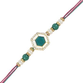 rakshabhandhan special kundan bhaiya bhabhi pearl hanging lumba bracelet rakhi combo set with roli chawal 1
