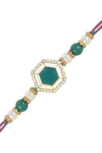 rakshabhandhan special kundan bhaiya bhabhi pearl hanging lumba bracelet rakhi combo set with roli chawal