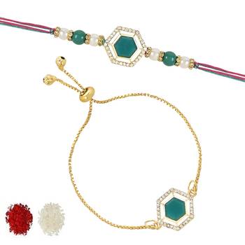 rakshabhandhan special kundan bhaiya bhabhi pearl hanging lumba bracelet rakhi combo set with roli chawal 3