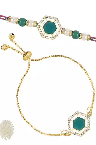 rakshabhandhan special kundan bhaiya bhabhi pearl hanging lumba bracelet rakhi combo set with roli chawal