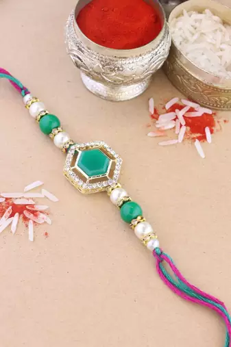 rakshabhandhan special kundan stone rakhi with roli chawal for bhaiya/brother/mens (r113g)