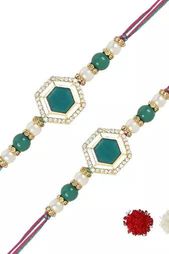 rakshabhandhan special kundan stone rakhi with roli chawal for bhaiya/brother/mens (r113g-2) (pack of 2 rakhi )