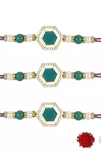 rakshabhandhan special kundan stone rakhi with roli chawal for bhaiya/brother/mens (r113g-3) (pack of 3 rakhi )