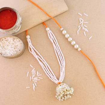 rakshabhandhan special kundan bhaiya bhabhi pearl hanging lumba rakhi bracelet combo set with roli chawal 1