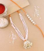 rakshabhandhan special kundan bhaiya bhabhi pearl hanging lumba rakhi bracelet combo set with roli chawal