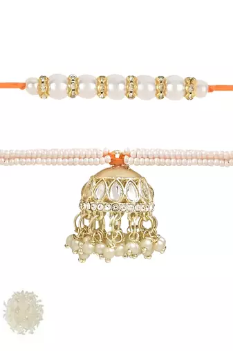 rakshabhandhan special kundan bhaiya bhabhi pearl hanging lumba rakhi bracelet combo set with roli chawal