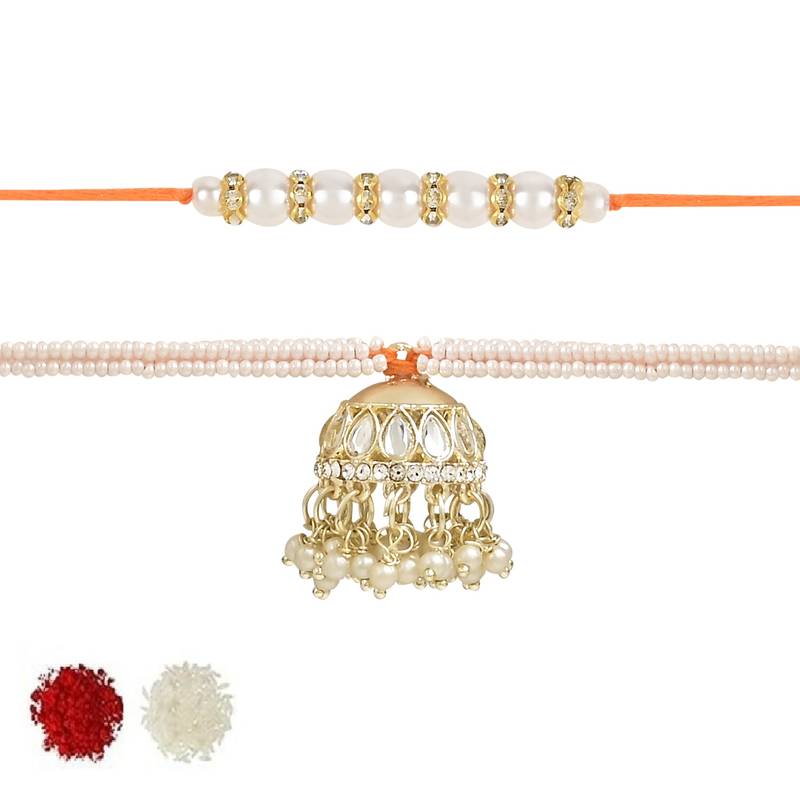 rakshabhandhan special kundan bhaiya bhabhi pearl hanging lumba rakhi bracelet combo set with roli chawal