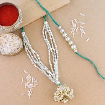 rakshabhandhan special kundan bhaiya bhabhi pearl hanging lumba bracelet rakhi combo set with roli chawal 1