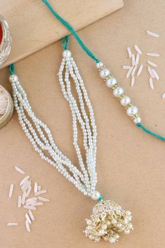 rakshabhandhan special kundan bhaiya bhabhi pearl hanging lumba bracelet rakhi combo set with roli chawal