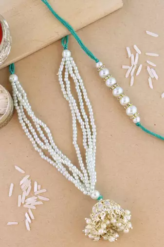 rakshabhandhan special kundan bhaiya bhabhi pearl hanging lumba bracelet rakhi combo set with roli chawal