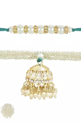 rakshabhandhan special kundan bhaiya bhabhi pearl hanging lumba bracelet rakhi combo set with roli chawal