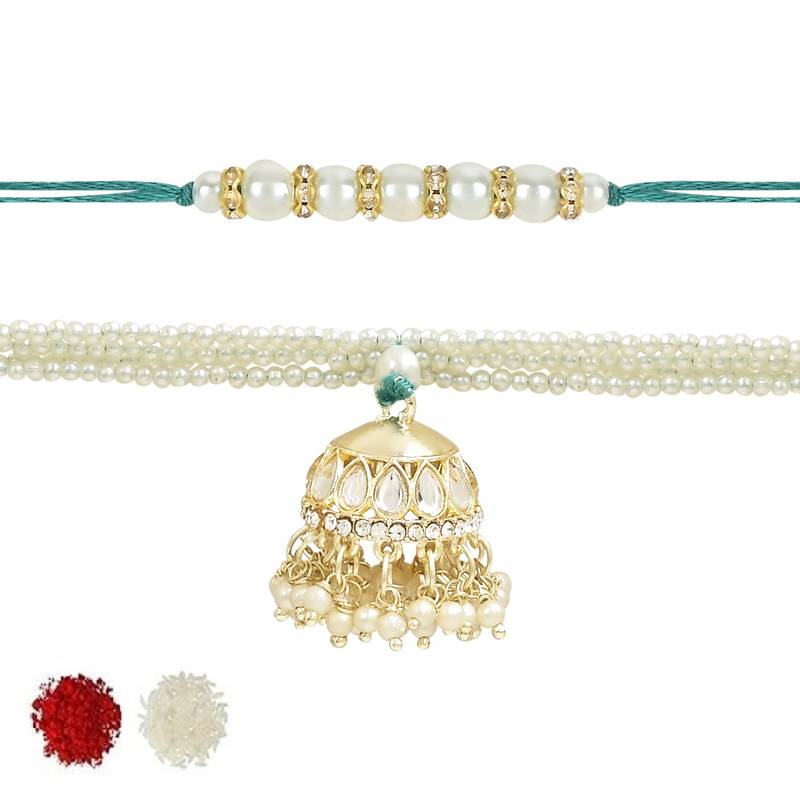 rakshabhandhan special kundan bhaiya bhabhi pearl hanging lumba bracelet rakhi combo set with roli chawal