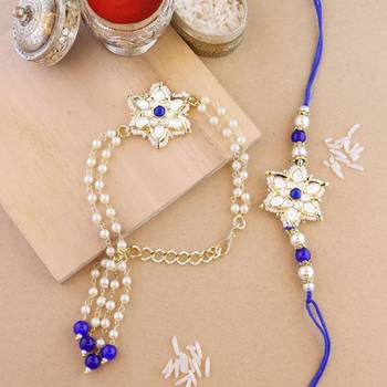 rakshabhandhan special kundan bhaiya bhabhi pearl hanging lumba bracelet rakhi combo set with roli chawal 1