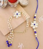 rakshabhandhan special kundan bhaiya bhabhi pearl hanging lumba bracelet rakhi combo set with roli chawal