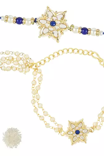 rakshabhandhan special kundan bhaiya bhabhi pearl hanging lumba bracelet rakhi combo set with roli chawal