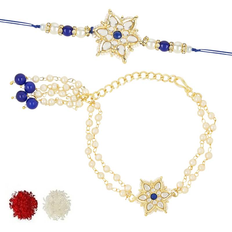 rakshabhandhan special kundan bhaiya bhabhi pearl hanging lumba bracelet rakhi combo set with roli chawal