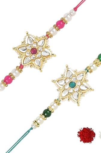 rakshabhandhan special kundan stone rakhi with roli chawal for bhaiya/brother/mens (r116g-l) (pack of 2 rakhi )