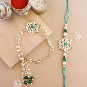 rakshabhandhan special kundan bhaiya bhabhi pearl hanging lumba bracelet rakhi combo set with roli chawal 1