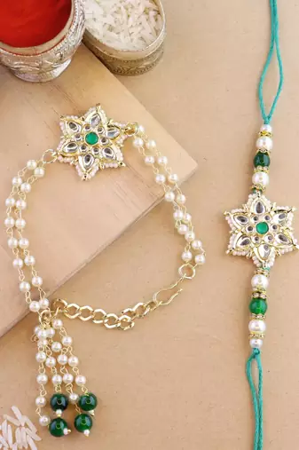 rakshabhandhan special kundan bhaiya bhabhi pearl hanging lumba bracelet rakhi combo set with roli chawal