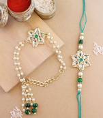 rakshabhandhan special kundan bhaiya bhabhi pearl hanging lumba bracelet rakhi combo set with roli chawal