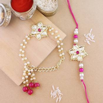 rakshabhandhan special kundan bhaiya bhabhi pearl hanging lumba bracelet rakhi combo set with roli chawal 1