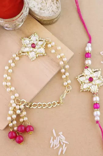 rakshabhandhan special kundan bhaiya bhabhi pearl hanging lumba bracelet rakhi combo set with roli chawal