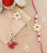 rakshabhandhan special kundan bhaiya bhabhi pearl hanging lumba bracelet rakhi combo set with roli chawal