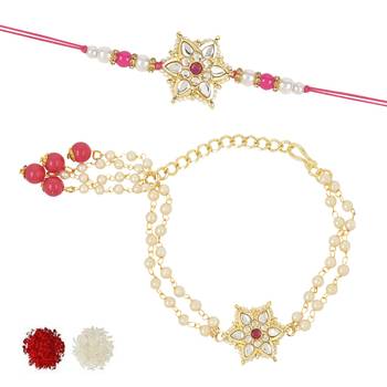 rakshabhandhan special kundan bhaiya bhabhi pearl hanging lumba bracelet rakhi combo set with roli chawal 2
