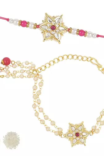 rakshabhandhan special kundan bhaiya bhabhi pearl hanging lumba bracelet rakhi combo set with roli chawal