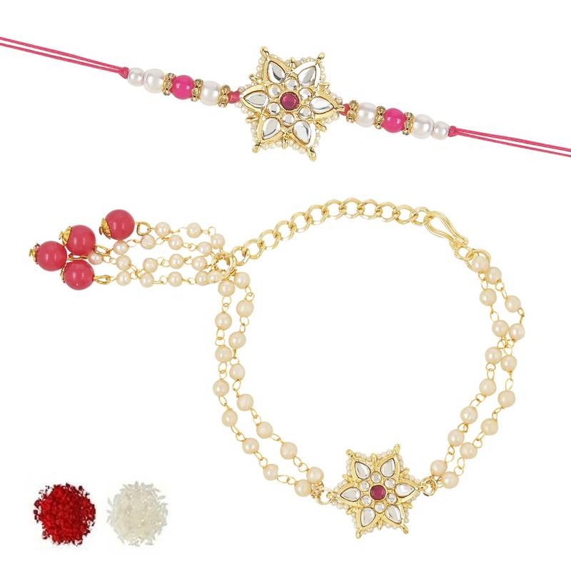 rakshabhandhan special kundan bhaiya bhabhi pearl hanging lumba bracelet rakhi combo set with roli chawal