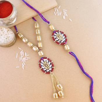 rakshabhandhan special kundan bhaiya bhabhi pearl hanging lumba bracelet rakhi combo set with roli chawal 1