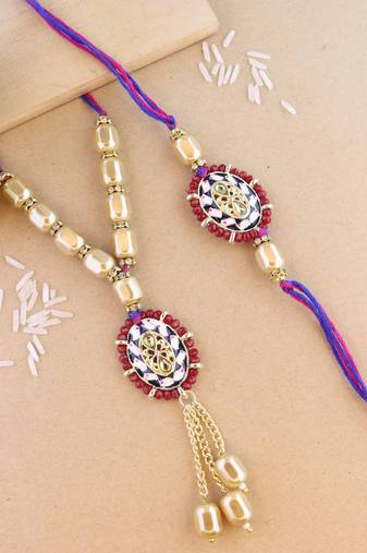 rakshabhandhan special kundan bhaiya bhabhi pearl hanging lumba bracelet rakhi combo set with roli chawal