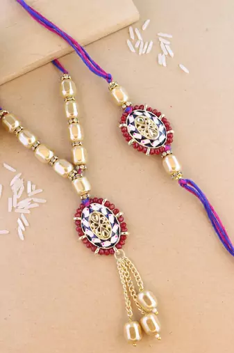 rakshabhandhan special kundan bhaiya bhabhi pearl hanging lumba bracelet rakhi combo set with roli chawal