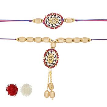 rakshabhandhan special kundan bhaiya bhabhi pearl hanging lumba bracelet rakhi combo set with roli chawal 2