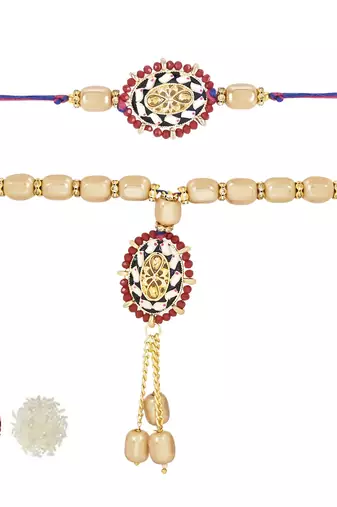rakshabhandhan special kundan bhaiya bhabhi pearl hanging lumba bracelet rakhi combo set with roli chawal
