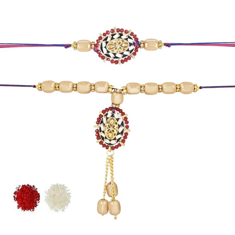 rakshabhandhan special kundan bhaiya bhabhi pearl hanging lumba bracelet rakhi combo set with roli chawal