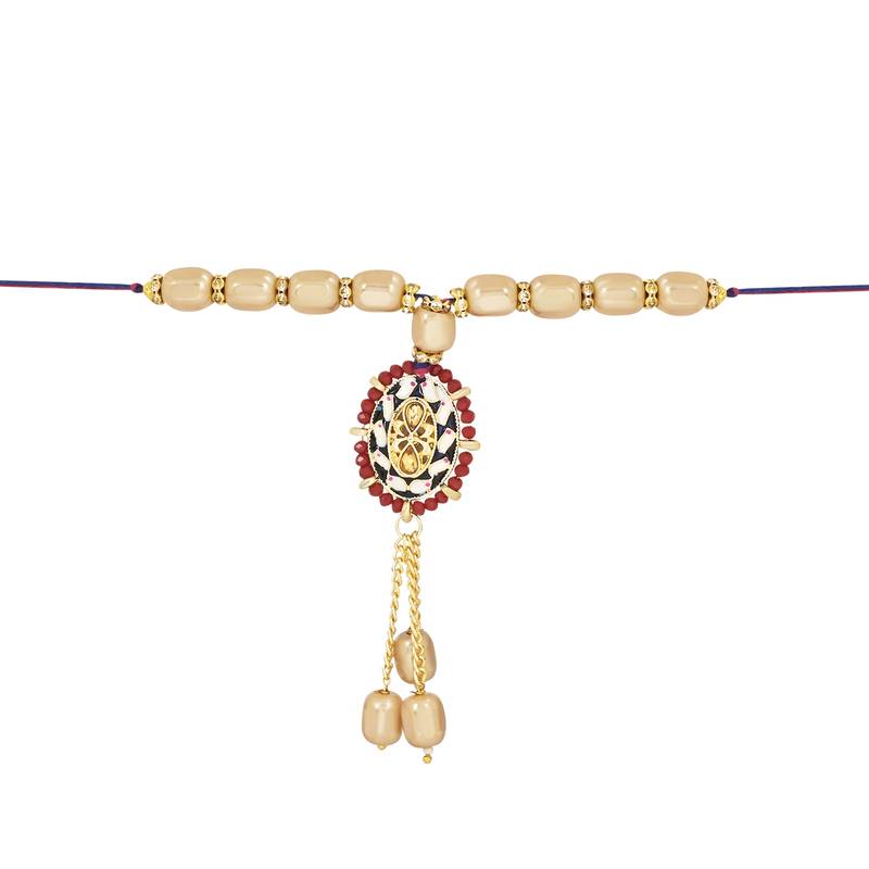 rakshabhandhan special kundan bhaiya bhabhi pearl hanging lumba bracelet rakhi combo set with roli chawal