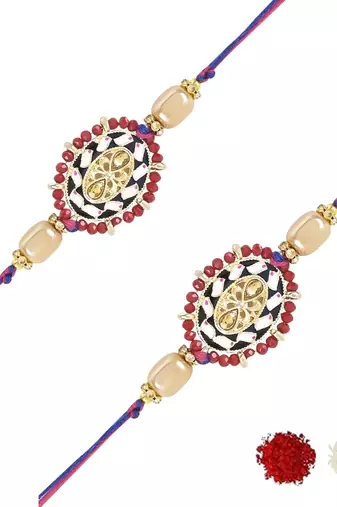 rakshabhandhan special kundan stone rakhi with roli chawal for bhaiya/brother/mens (r117m-2) (pack of 2 rakhi )