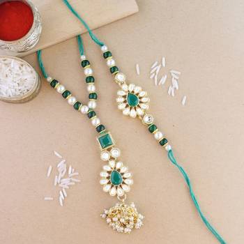 rakshabhandhan special kundan bhaiya bhabhi pearl hanging lumba bracelet rakhi combo set with roli chawal 1
