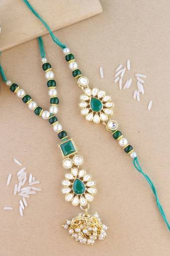 rakshabhandhan special kundan bhaiya bhabhi pearl hanging lumba bracelet rakhi combo set with roli chawal