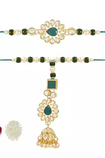 rakshabhandhan special kundan bhaiya bhabhi pearl hanging lumba bracelet rakhi combo set with roli chawal