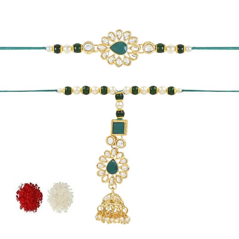 rakshabhandhan special kundan bhaiya bhabhi pearl hanging lumba bracelet rakhi combo set with roli chawal