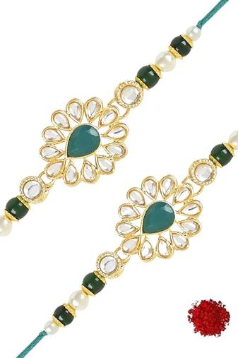 rakshabhandhan special kundan stone rakhi with roli chawal for bhaiya/brother/mens (r118g-2) (pack of 2 rakhi )