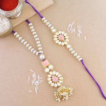 rakshabhandhan special kundan bhaiya bhabhi pearl hanging lumba bracelet rakhi combo set with roli chawal 1