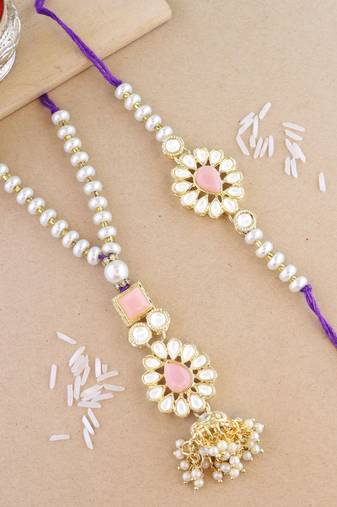 rakshabhandhan special kundan bhaiya bhabhi pearl hanging lumba bracelet rakhi combo set with roli chawal