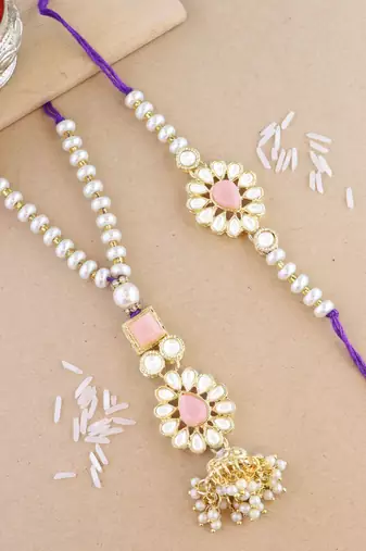 rakshabhandhan special kundan bhaiya bhabhi pearl hanging lumba bracelet rakhi combo set with roli chawal