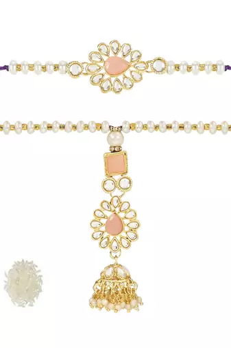 rakshabhandhan special kundan bhaiya bhabhi pearl hanging lumba bracelet rakhi combo set with roli chawal