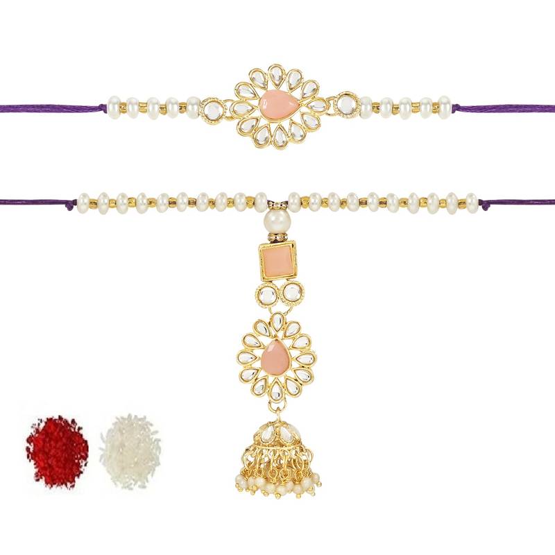 rakshabhandhan special kundan bhaiya bhabhi pearl hanging lumba bracelet rakhi combo set with roli chawal